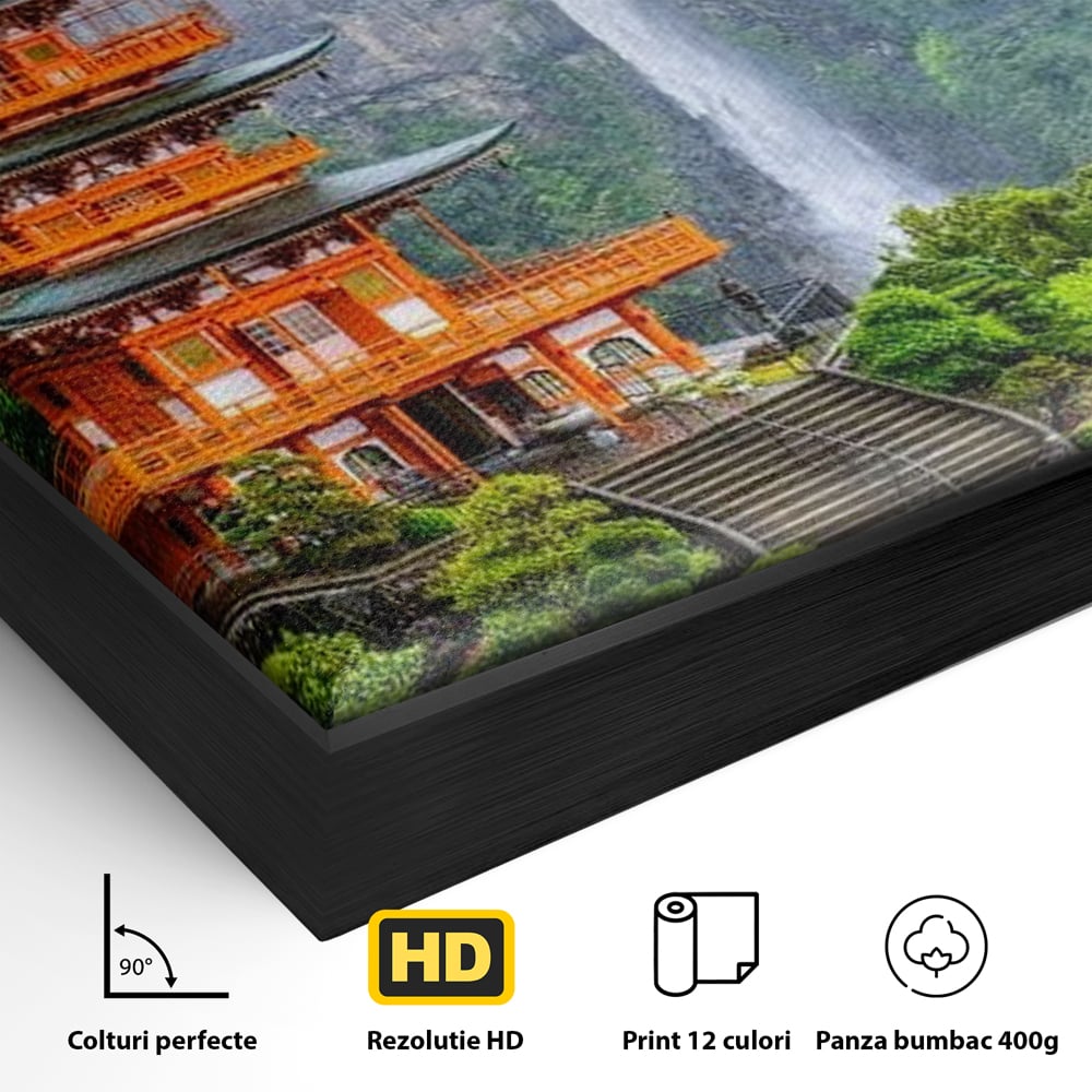 Detaliu al suprafetei: tablou canvas cu pagoda si cascada, in rama de aluminiu negru